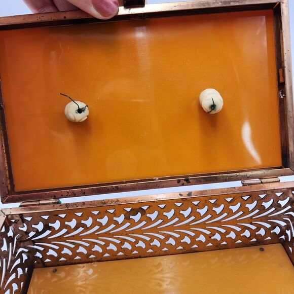 Vintage 1950's Tortoiseshell Amber Color Lucite Brass Filigree Box Purse Beaded - Picture 7 of 13
